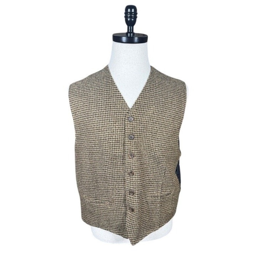Cellini Linea Uomo Mens Wool Blend Houndstooth Vest Brown Tan V-Neck Waistcoat M